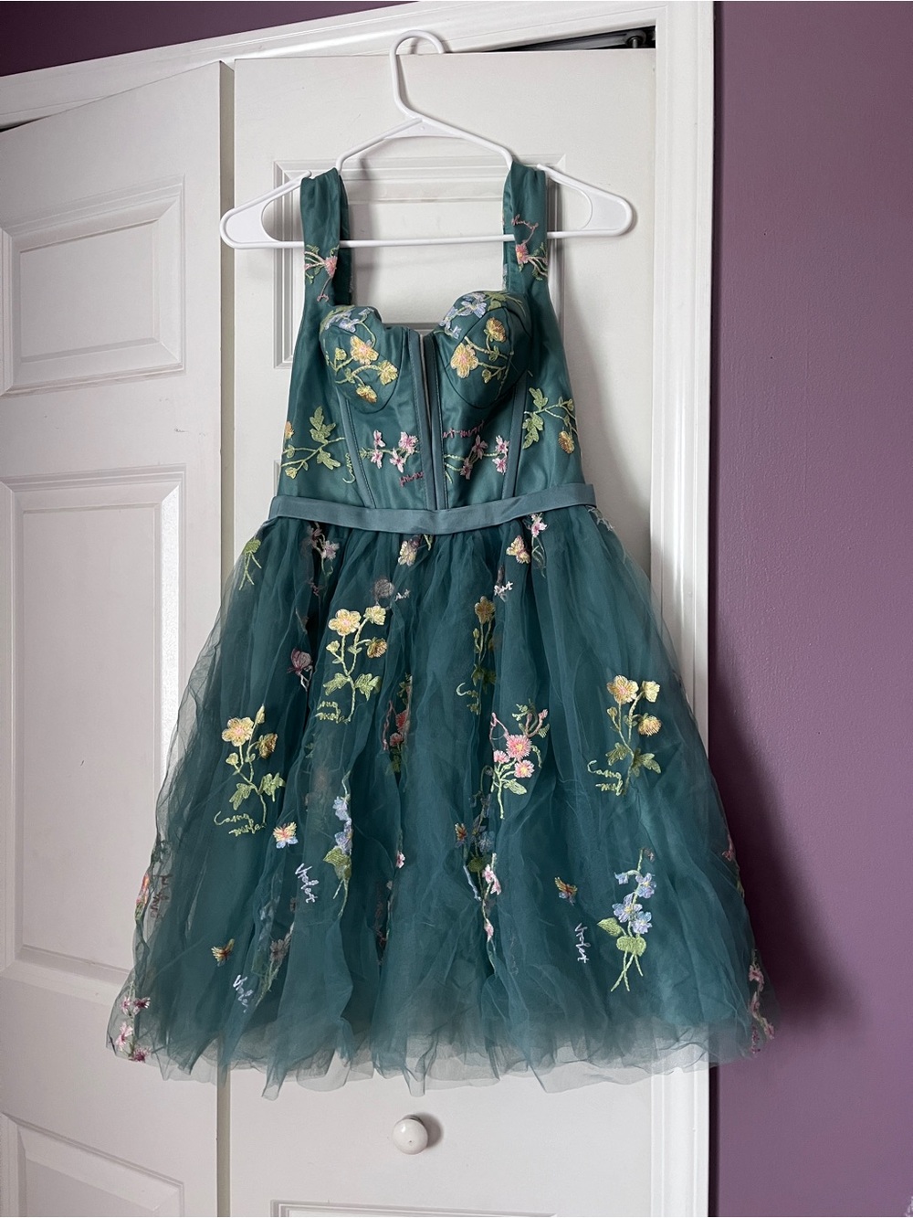 Teal Floral Embroidered Tulle Dress